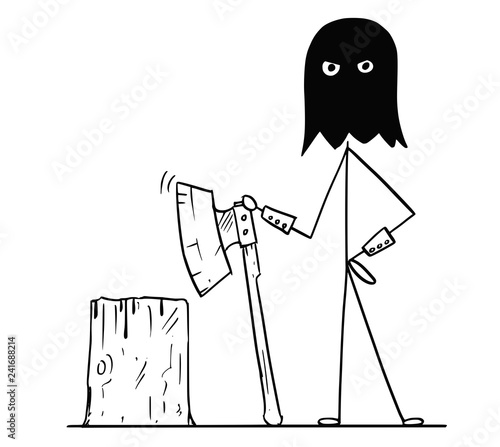 Cartoon stick drawing conceptual illustration of medieval executioner in black hood with execution block and large ax.