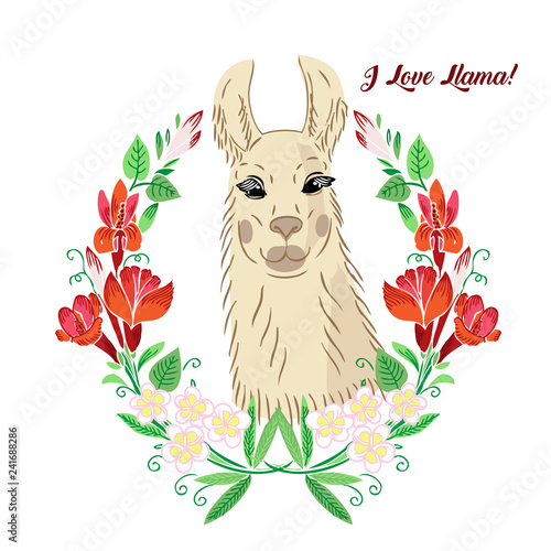  Llama with flowers wreath. Hand drawn animals sketches