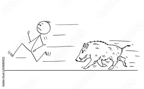 Cartoon stick drawing conceptual illustration of man running away from wild boar or swine.