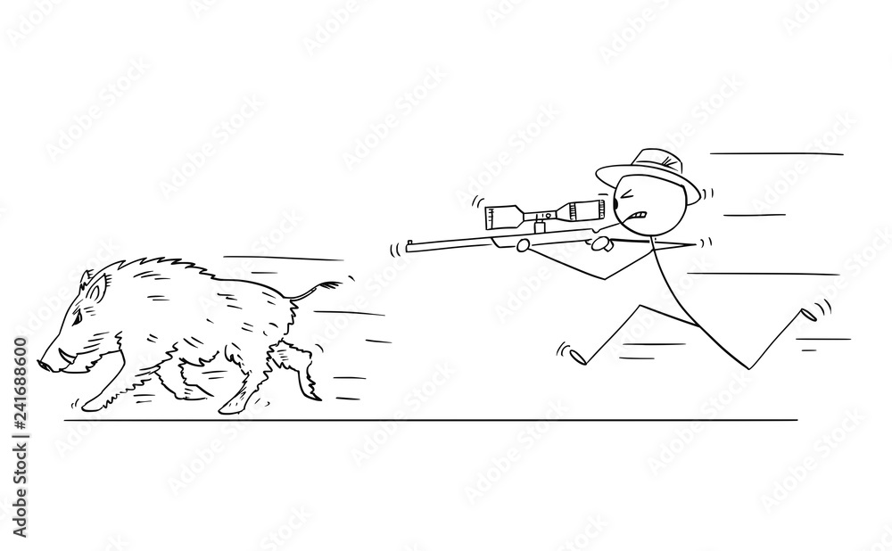 Cartoon stick drawing conceptual illustration of hunter with scoped rifle  hunting wild boar or swine. Stock Vector | Adobe Stock