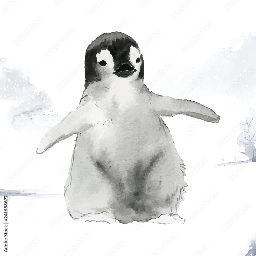 Fototapeta premium Młody pingwin cesarski w śniegu akwarela wektor