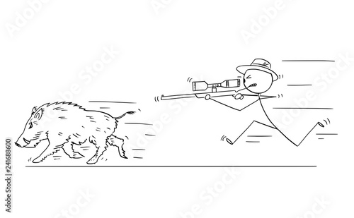 Cartoon stick drawing conceptual illustration of hunter with scoped rifle hunting wild boar or swine.