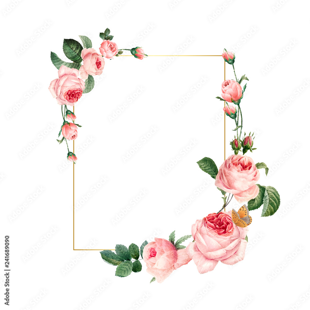 Blank rectangle pink roses frame on white background vector Blank rectangle pink roses frame on white background vector