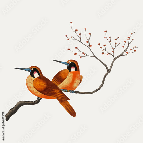 Chinese painting featuring two birds on a flowering tree branch.