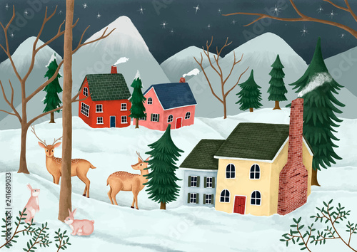Hand-drawn village on a starry night with deer and rabbits in the neighborhood