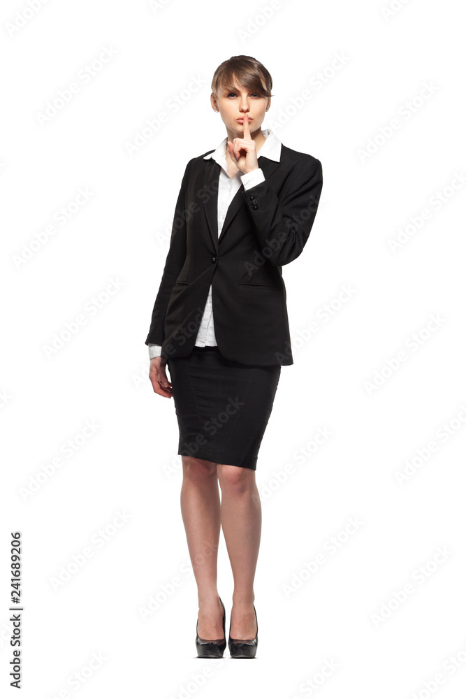 business woman full length portrait, asking to keep silence, isolated on white background business woman full length portrait, asking to keep silence, isolated on white background