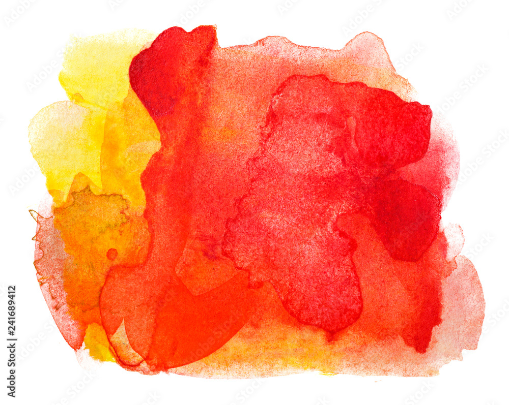 Red with yellow paint watercolor stain, on white background isolated. Hand-drawn blot on white background isolated.