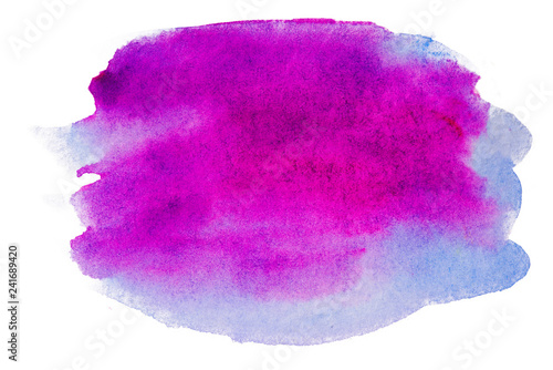 Magenta with blue paint blot spot watercolor hand-drawn on white background isolated
