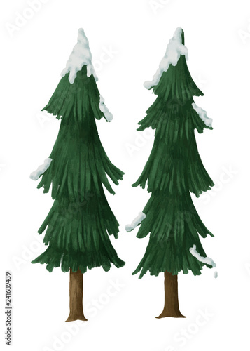 Hand-drawn snowcapped pine trees