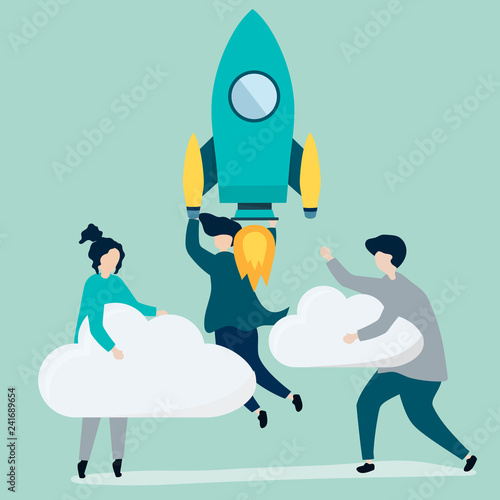 A people holding onto a launched rocket and clouds