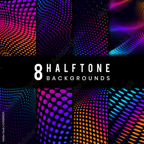 Vibrant halftone on black background vector set