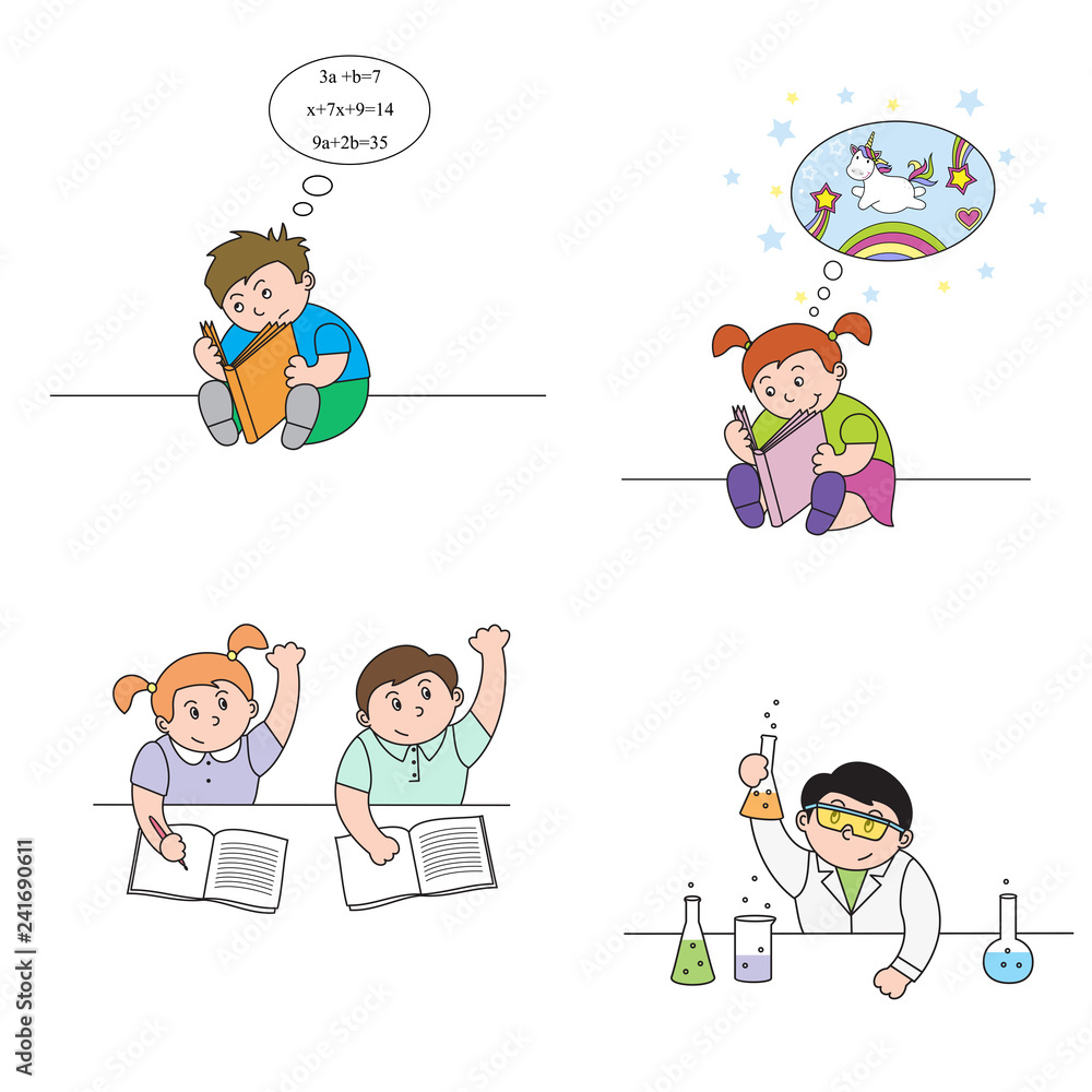 set vector illustrations of children at school, a chemistry lesson, a boy and a girl reading a book