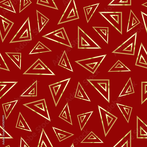 Golden triangles on a red background. Red abstract drawing. Duplicate abstract seamless pattern. Vector illustration