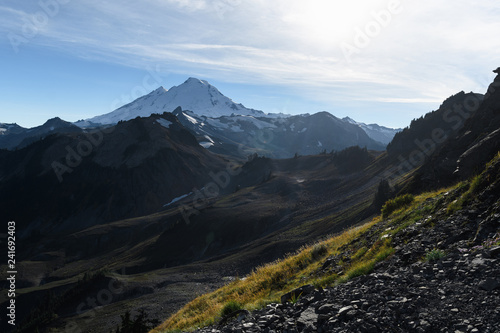 Dramatic alpine landscape in autumn and Mount Baker near dusk