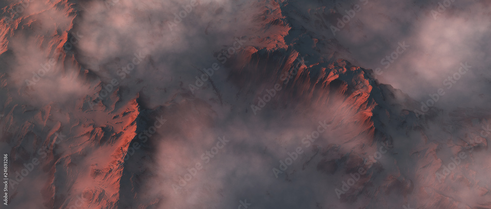 Snowy steep mountains in clouds at sunrise. Aerial view.