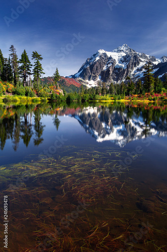 Picture lake reflecting Mount Shuksan on a beautiful day in Washington State