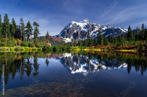 Picture lake reflecting Mount Shuksan on a beautiful day in Washington State photo