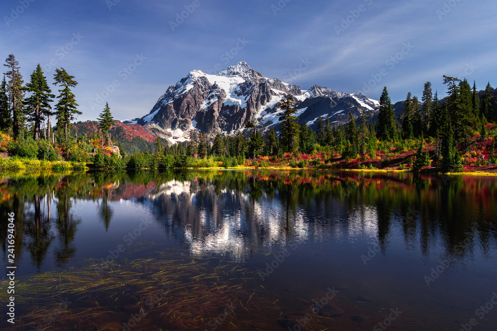 Picture lake reflecting Mount Shuksan on a beautiful day in Washington State