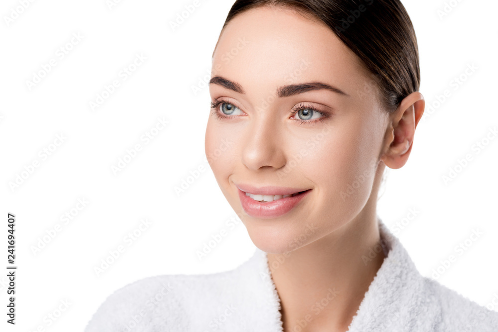 beautiful smiling woman in bathrobe looking away isolated on white beautiful smiling woman in bathrobe looking away isolated on white