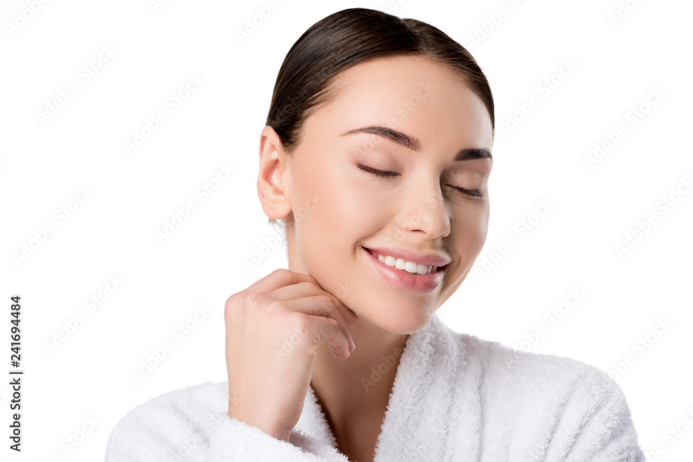 beautiful woman in bathrobe with eyes closed touching face isolated on white beautiful woman in bathrobe with eyes closed touching face isolated on white