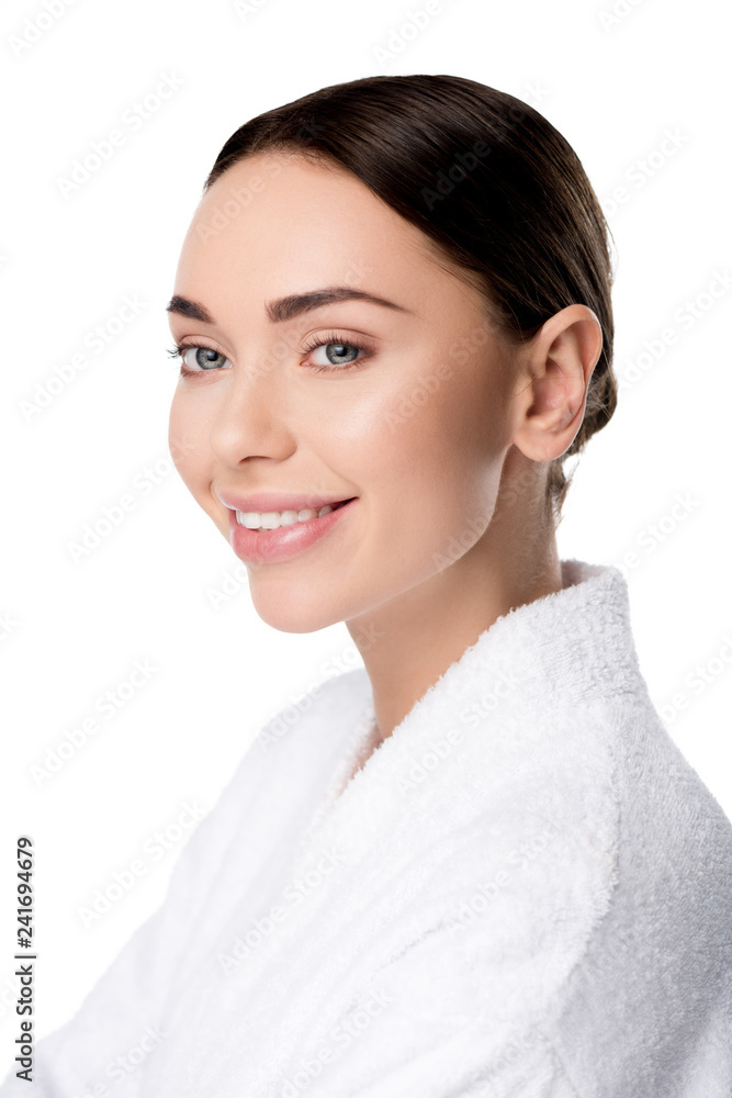 beautiful smiling woman in bathrobe isolated on white beautiful smiling woman in bathrobe isolated on white