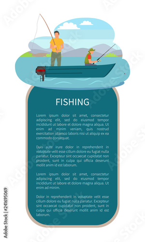 River or Lake Fishing on Motor Boat Vector Poster