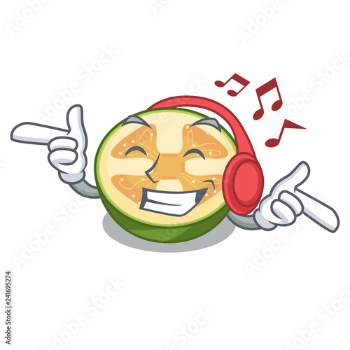 Listening music feijoa fruit slices on cartoon plate
