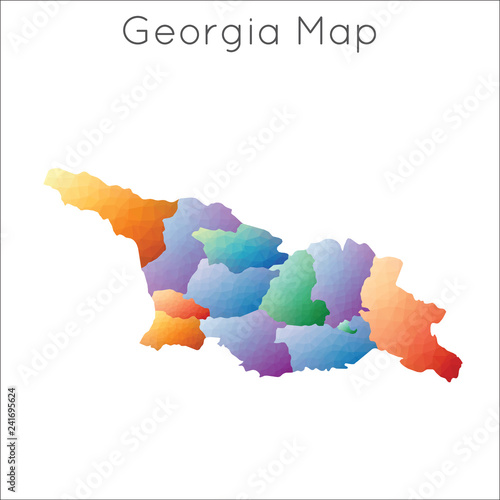 Low poly map of Georgia with geometric, mosaic style design highlighting regions.