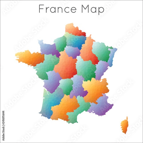 Low poly, geometric polygonal map of France in a mosaic style.