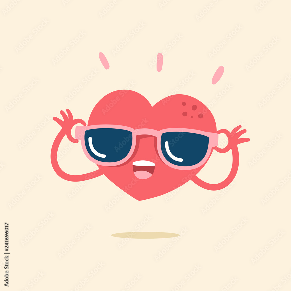 Cute cartoon character of heart smiling happily with sunglasses, vector illustration. Cute cartoon character of heart smiling happily with sunglasses, vector illustration.