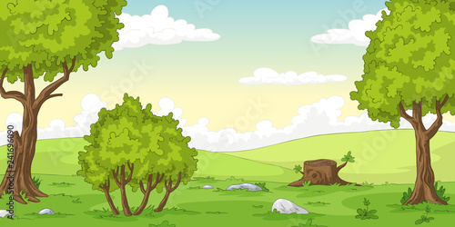 Cartoon summer landscape with trees, hand draw illustration