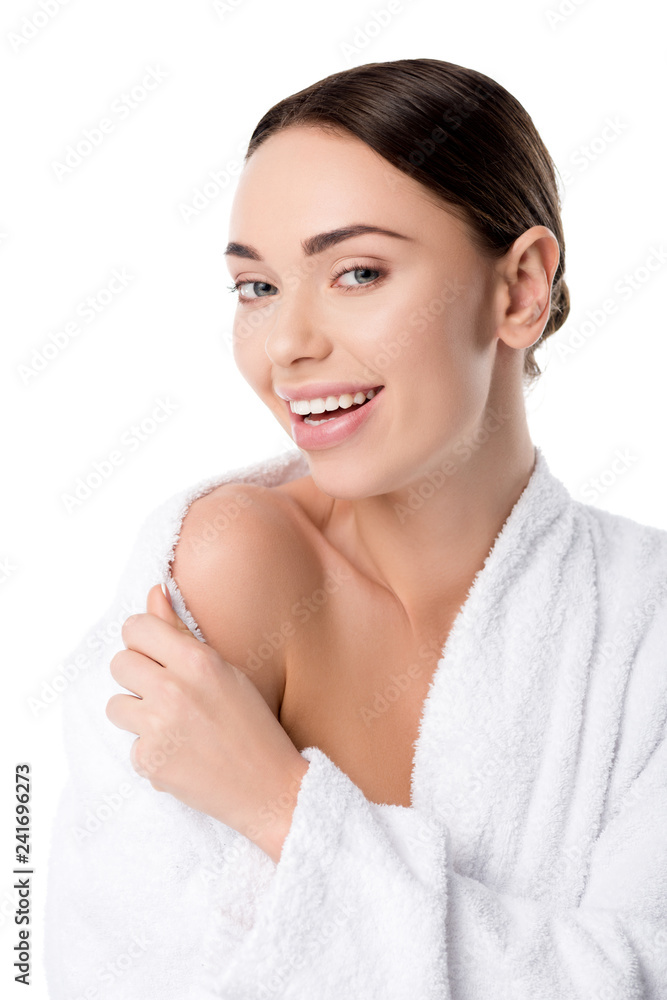 beautiful smiling woman in bathrobe looking at camera isolated on white beautiful smiling woman in bathrobe looking at camera isolated on white
