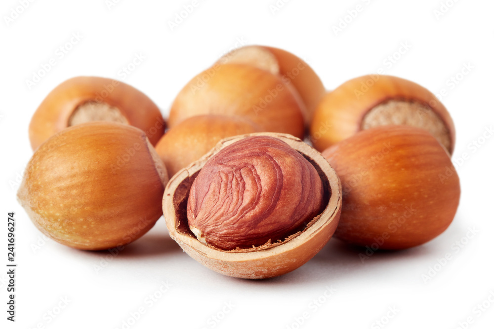 Fresh ripe organic hazelnuts (filbert) isolated on white background Fresh ripe organic hazelnuts (filbert) isolated on white background