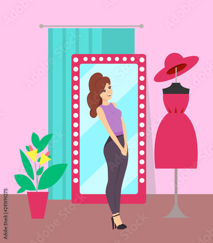 Woman Looking at Mannequin with Dress Store Vector