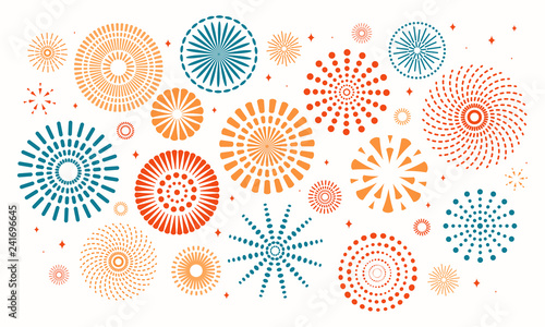 Colorful fireworks on white background. Isolated objects. Vector illustration. Flat style design. Concept for holiday banner, poster, flyer, greeting card, decorative element.