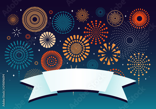 Colorful fireworks on dark background, with space for text on a ribbon. Vector illustration. Flat style design. Concept for holiday banner, poster, flyer, greeting card, decorative element.