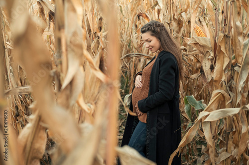 Cute pregnant young woman in sweater and coat walking on a corl field in autumn. Cold weather photo