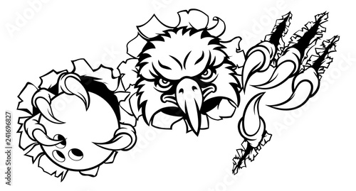 An eagle bird bowling sports mascot cartoon character ripping through the background holding a ball