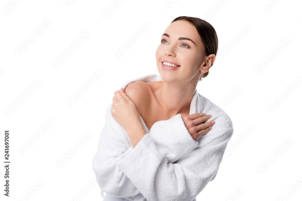 beautiful smiling woman in bathrobe with crossed hands isolated on white beautiful smiling woman in bathrobe with crossed hands isolated on white