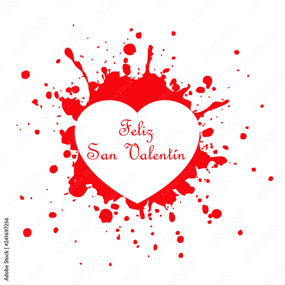 Logotipo con texto Feliz San Valentín con corazón en espacio negativo en salpicadura en rojo