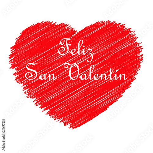 Logotipo con texto Feliz San Valentín en espacio negativo en corazón con garabatos en color rojo