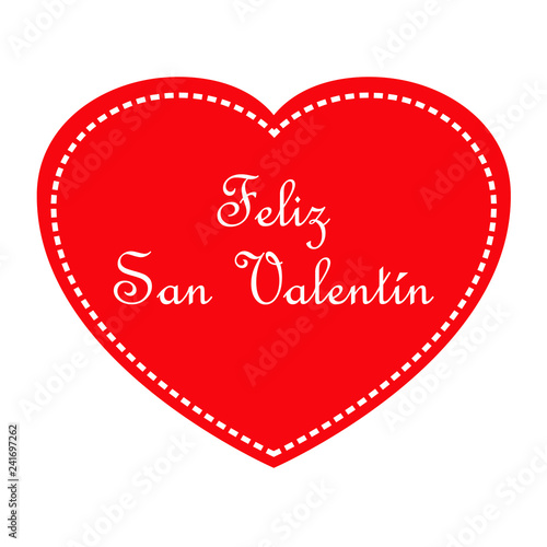 Logotipo con texto Feliz San Valentín con corazón rojo con borde de línea de puntos en color blanco