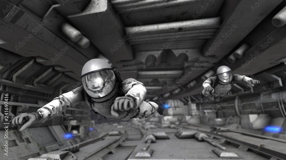 3D rendering illustration of dark spaceship interior. Astronauts moving through corridors.