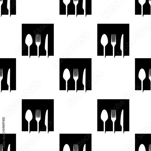Icono plano con patrón con cuadrado con cubiertos en espacio negativo en color negro en fondo blanco