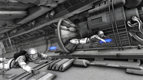 Foto 3D rendering illustration of dark spaceship interior