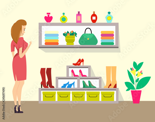 Woman Choosing Boots in Store, Ladies Shop Vector