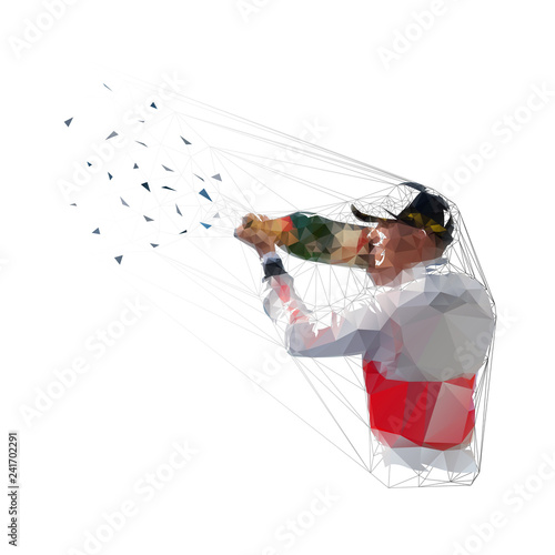 Driver celebrating win with champagne on podium, low polygonal vector illustration