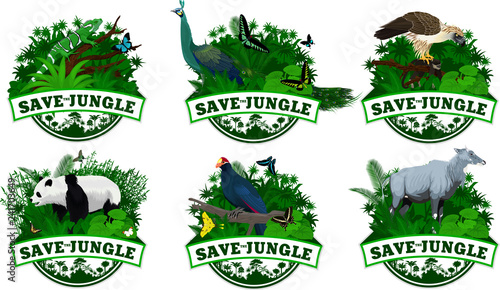 set of Vector Jungle Emblems with Ross's turaco,  giant panda bear, male Green peafowl, philippine Eagle, Fiji banded iguana, nilgai antelope and butterflies
