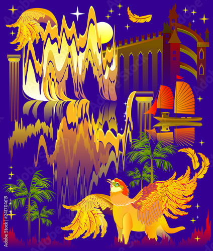 Illustration of a fantastic trip to an ancient fairy-tale country. Modern print. Poster for travel company. Vector cartoon image.