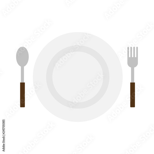 Top view dish, spoon and fork. White background. Vector illustration. EPS 10. Kitchen elements.